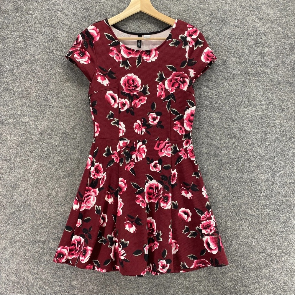 H&M Burgundy Floral Fit & Flare Dress with Pink Roses
